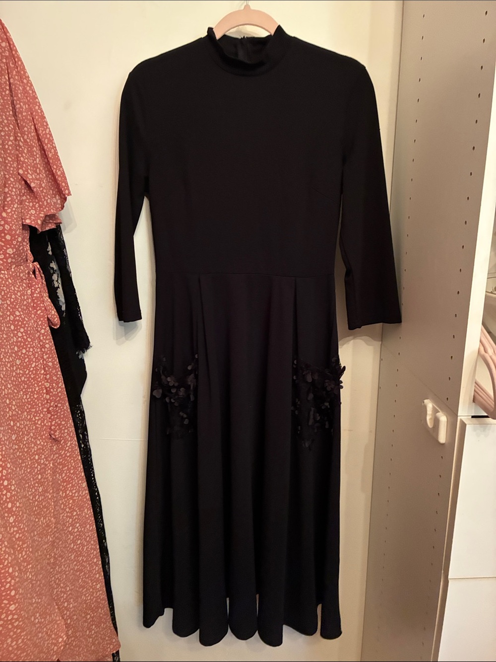 SHEIN Black Mock-Neck Midi Dress with 3D Floral Appliqué